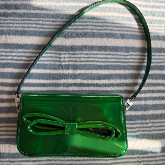 Mach & Mach Holographic Iridescent Green Puffed Bow Mini Shoulder Bag - Picture 2 of 10